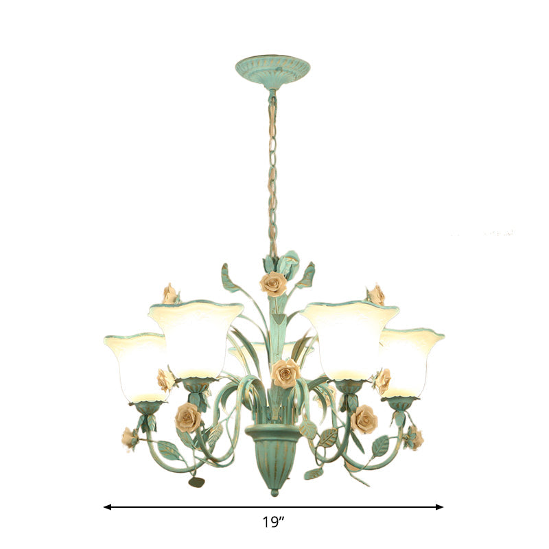 Floral Frosted Glass Hanging Chandelier Romantic Pastoral 3/5-Light Bedroom Pendant Ceiling Light in Blue Clearhalo 'Ceiling Lights' 'Chandeliers' Lighting' options 1968454