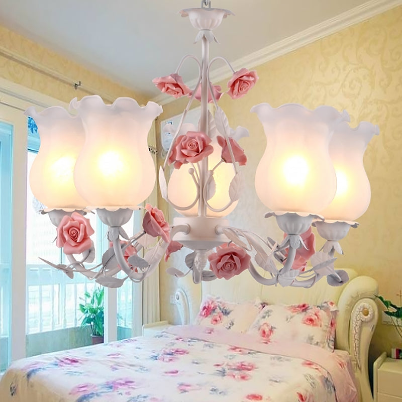 5 Lights Flower Chandelier Light American Garden White Frosted Glass Pendant Ceiling Light for Kids Room Clearhalo 'Ceiling Lights' 'Chandeliers' Lighting' options 1968471