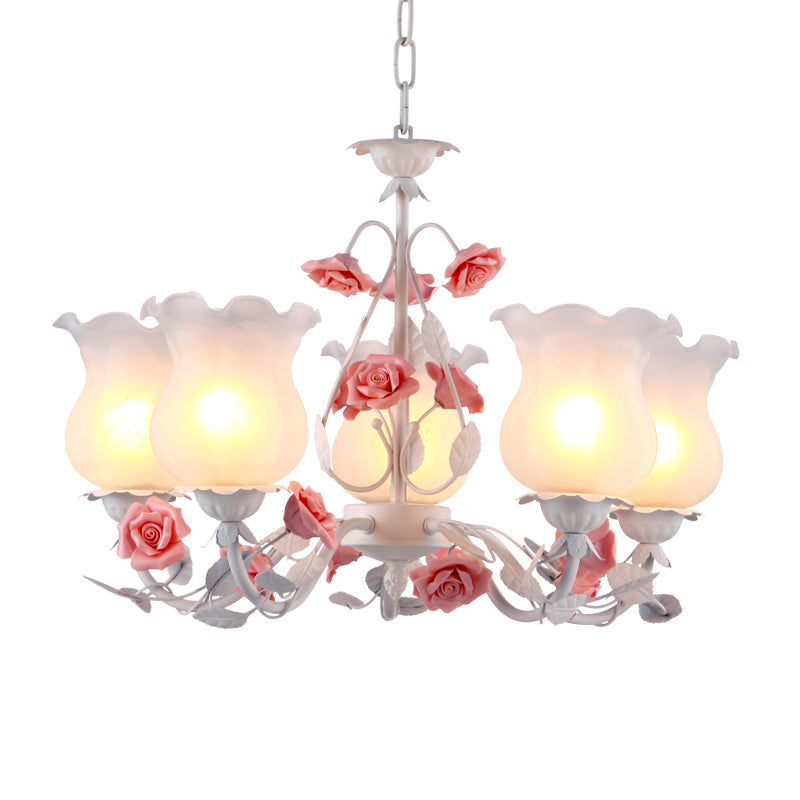 5 Lights Flower Chandelier Light American Garden White Frosted Glass Pendant Ceiling Light for Kids Room Clearhalo 'Ceiling Lights' 'Chandeliers' Lighting' options 1968472