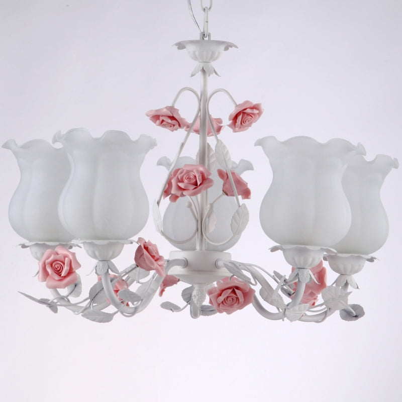 5 Lights Flower Chandelier Light American Garden White Frosted Glass Pendant Ceiling Light for Kids Room Clearhalo 'Ceiling Lights' 'Chandeliers' Lighting' options 1968473