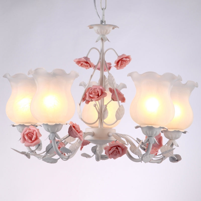 5 Lights Flower Chandelier Light American Garden White Frosted Glass Pendant Ceiling Light for Kids Room Clearhalo 'Ceiling Lights' 'Chandeliers' Lighting' options 1968474