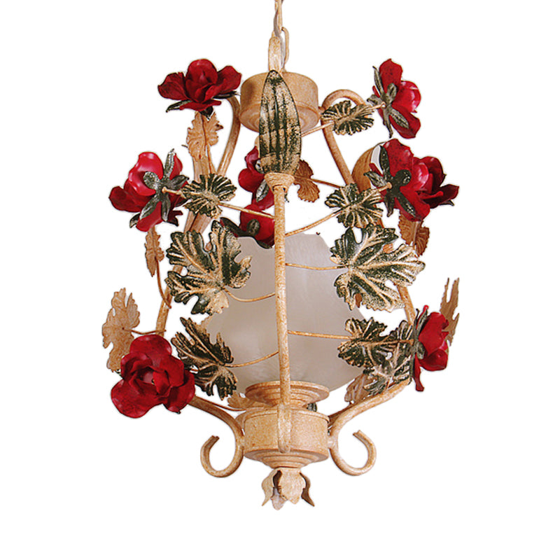 Lantern Bedroom Hanging Light Korean Flower Frosted White Glass 1-Light Beige Down Lighting Pendant Clearhalo 'Ceiling Lights' 'Pendant Lights' 'Pendants' Lighting' 1968478