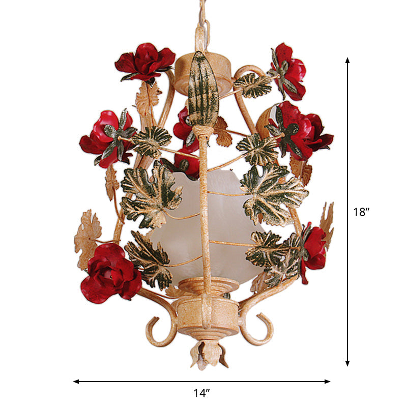 Lantern Bedroom Hanging Light Korean Flower Frosted White Glass 1-Light Beige Down Lighting Pendant Clearhalo 'Ceiling Lights' 'Pendant Lights' 'Pendants' Lighting' 1968480