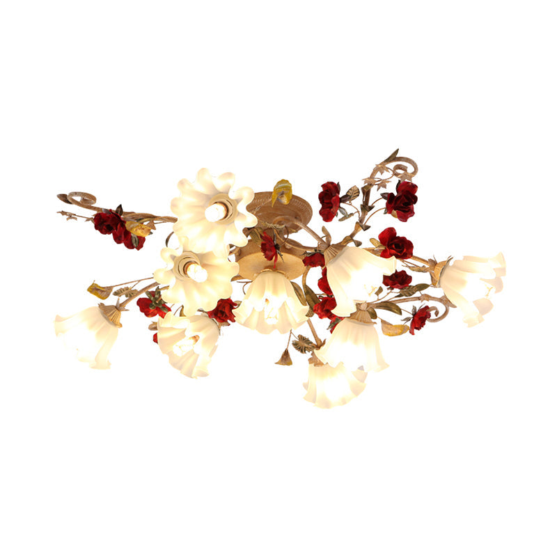 4/7/9-Bulb Flower Semi Flush Mounted Light American Garden White Frosted Glass Flush Mount Ceiling Light 9 White Clearhalo 'Ceiling Lights' 'Close To Ceiling Lights' 'Close to ceiling' 'Semi-flushmount' Lighting' 1968490