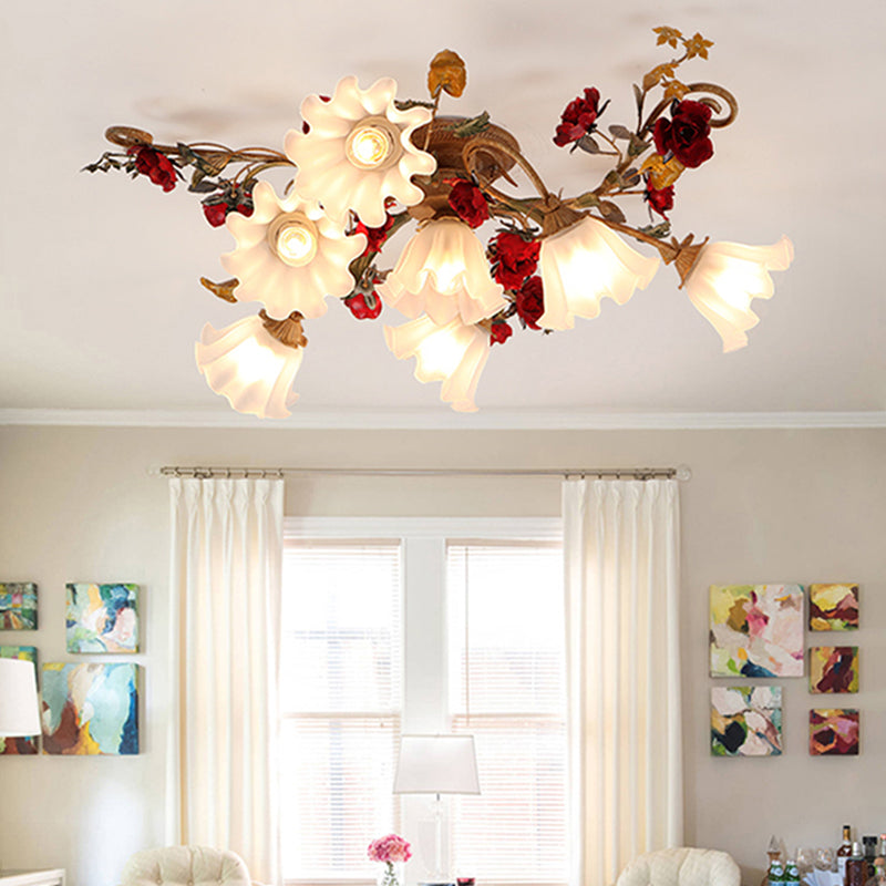 4/7/9-Bulb Flower Semi Flush Mounted Light American Garden White Frosted Glass Flush Mount Ceiling Light 7 White Clearhalo 'Ceiling Lights' 'Close To Ceiling Lights' 'Close to ceiling' 'Semi-flushmount' Lighting' 1968494