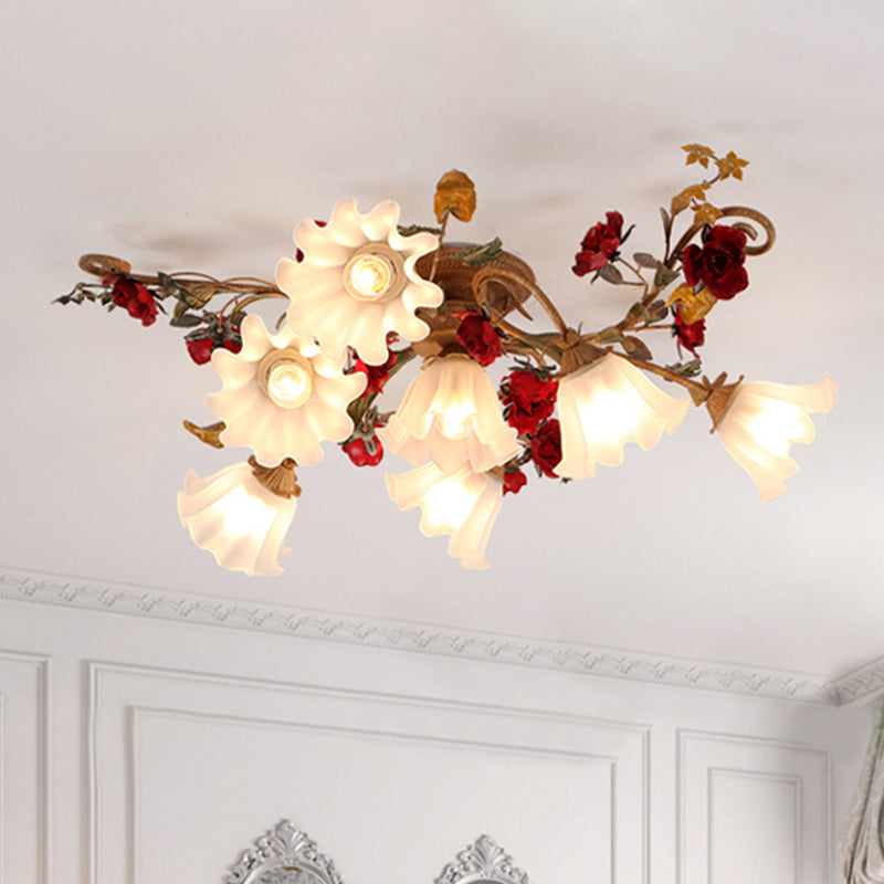 4/7/9-Bulb Flower Semi Flush Mounted Light American Garden White Frosted Glass Flush Mount Ceiling Light Clearhalo 'Ceiling Lights' 'Close To Ceiling Lights' 'Close to ceiling' 'Semi-flushmount' Lighting' 1968495