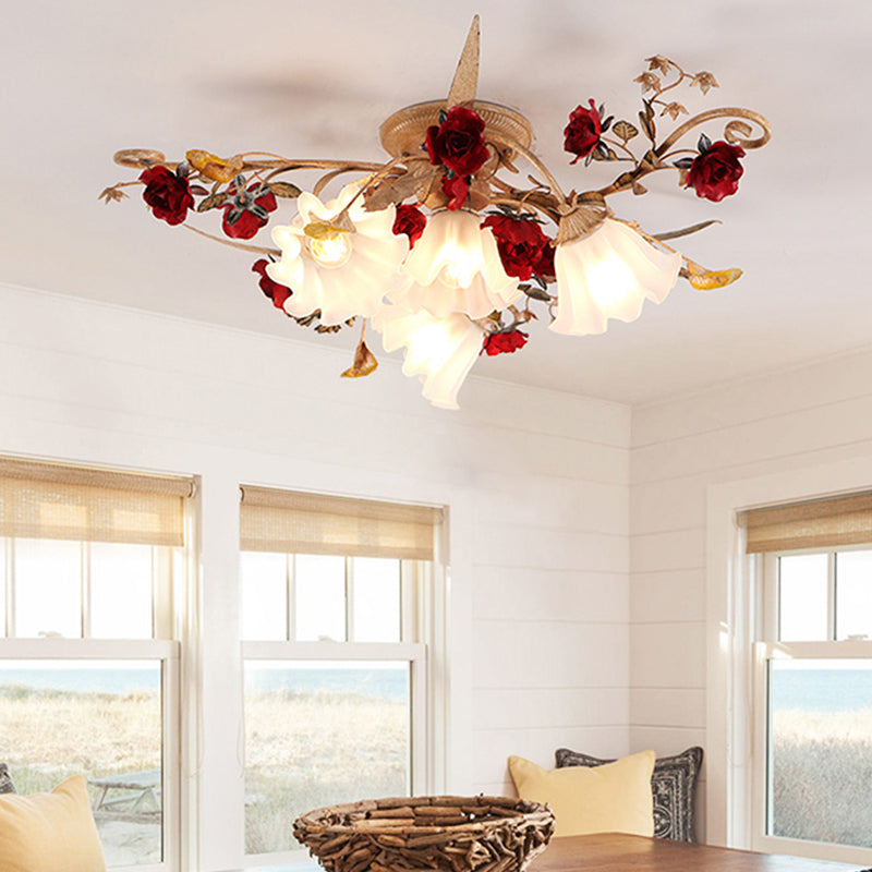 4/7/9-Bulb Flower Semi Flush Mounted Light American Garden White Frosted Glass Flush Mount Ceiling Light 4 White Clearhalo 'Ceiling Lights' 'Close To Ceiling Lights' 'Close to ceiling' 'Semi-flushmount' Lighting' 1968499