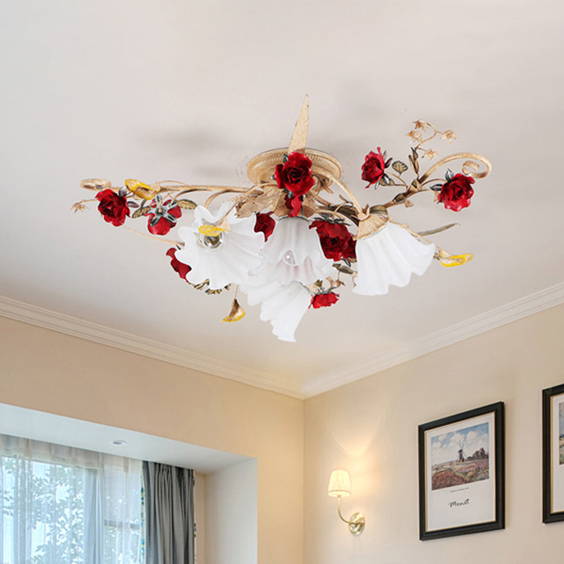 4/7/9-Bulb Flower Semi Flush Mounted Light American Garden White Frosted Glass Flush Mount Ceiling Light Clearhalo 'Ceiling Lights' 'Close To Ceiling Lights' 'Close to ceiling' 'Semi-flushmount' Lighting' 1968500