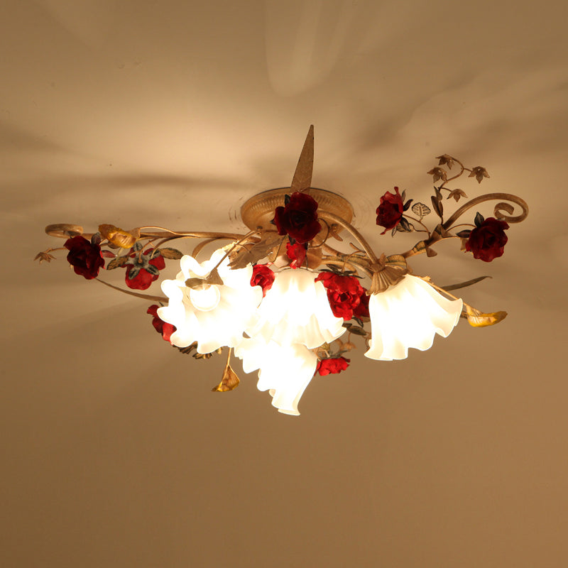 4/7/9-Bulb Flower Semi Flush Mounted Light American Garden White Frosted Glass Flush Mount Ceiling Light Clearhalo 'Ceiling Lights' 'Close To Ceiling Lights' 'Close to ceiling' 'Semi-flushmount' Lighting' 1968502