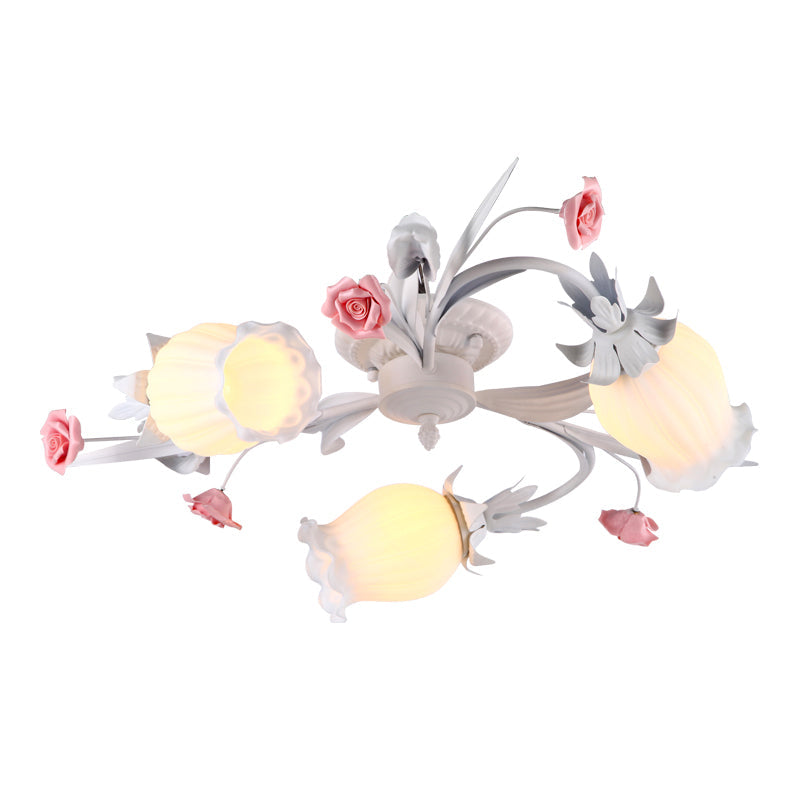 3 Heads Flower Semi Flush Mount Pastoral White Frosted Glass Ceiling Flush Mounted Light White Clearhalo 'Ceiling Lights' 'Close To Ceiling Lights' 'Close to ceiling' 'Semi-flushmount' Lighting' 1968504