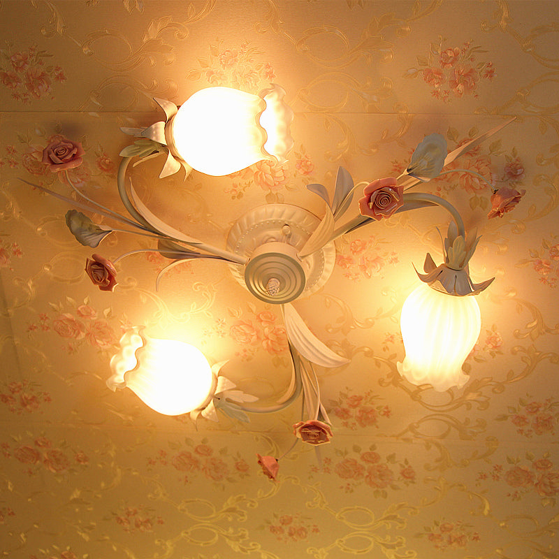 3 Heads Flower Semi Flush Mount Pastoral White Frosted Glass Ceiling Flush Mounted Light Clearhalo 'Ceiling Lights' 'Close To Ceiling Lights' 'Close to ceiling' 'Semi-flushmount' Lighting' 1968505