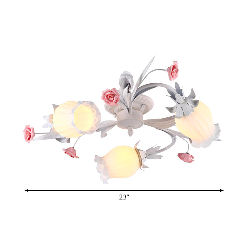 3 Heads Flower Semi Flush Mount Pastoral White Frosted Glass Ceiling Flush Mounted Light Clearhalo 'Ceiling Lights' 'Close To Ceiling Lights' 'Close to ceiling' 'Semi-flushmount' Lighting' 1968506