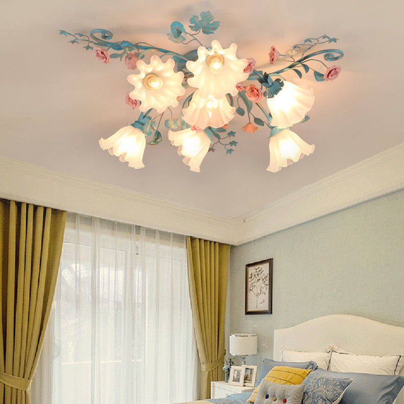 7/9 Lights Semi Flush Mount Korean Garden Flower Frosted Class Flush Ceiling Light in White/Pink 7 Pink Clearhalo 'Ceiling Lights' 'Close To Ceiling Lights' 'Close to ceiling' 'Semi-flushmount' Lighting' 1968513