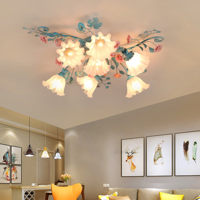 7/9 Lights Semi Flush Mount Korean Garden Flower Frosted Class Flush Ceiling Light in White/Pink Clearhalo 'Ceiling Lights' 'Close To Ceiling Lights' 'Close to ceiling' 'Semi-flushmount' Lighting' 1968514