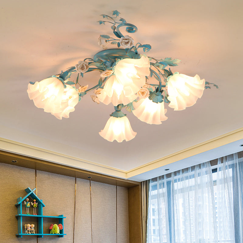 7/9 Lights Semi Flush Mount Korean Garden Flower Frosted Class Flush Ceiling Light in White/Pink 7 White Clearhalo 'Ceiling Lights' 'Close To Ceiling Lights' 'Close to ceiling' 'Semi-flushmount' Lighting' 1968518