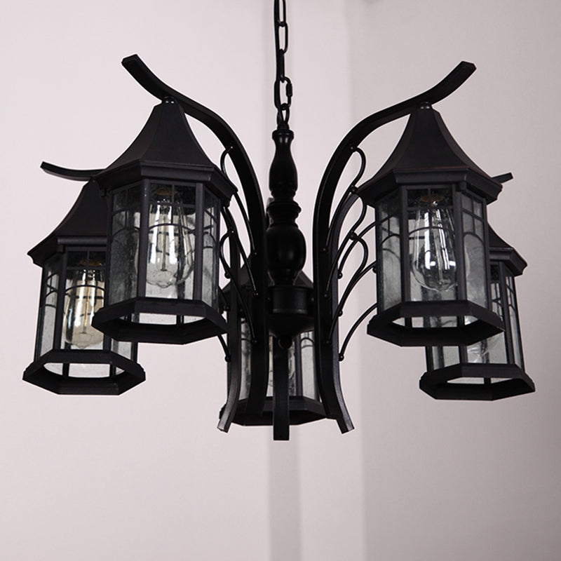 Black 3/5/6 Heads Ceiling Light Industrial Clear Glass Lantern Chandelier Light Fixture 5 Black Clearhalo 'Ceiling Lights' 'Chandeliers' 'Glass shade' 'Glass' 'Industrial Chandeliers' 'Industrial' 'Middle Century Chandeliers' 'Tiffany' Lighting' 1968881