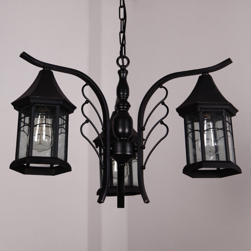 Black 3/5/6 Heads Ceiling Light Industrial Clear Glass Lantern Chandelier Light Fixture 3 Black Clearhalo 'Ceiling Lights' 'Chandeliers' 'Glass shade' 'Glass' 'Industrial Chandeliers' 'Industrial' 'Middle Century Chandeliers' 'Tiffany' Lighting' 1968885