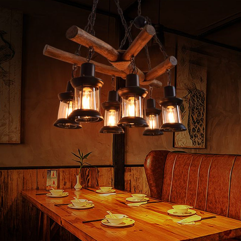 6 Heads Wood Pendant Lamp Industrial Wood Lantern Restaurant Chandelier Light Fixture Clearhalo 'Carpenter Chandeliers' 'Ceiling Lights' 'Chandeliers' 'Industrial Chandeliers' 'Industrial' 'Middle Century Chandeliers' 'Modern' 'Tiffany' Lighting' 1968907