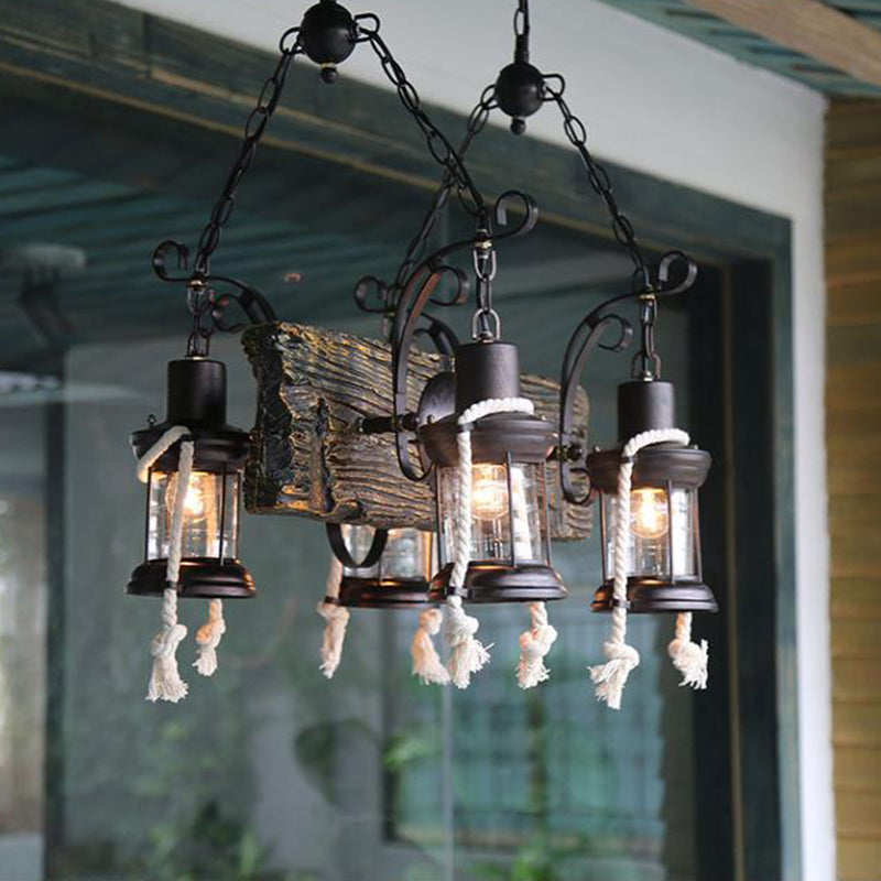 Lantern Clear Glass Chandelier Lamp Industrial 4/6 Heads Restaurant Ceiling Pendant Light in Wood 4 Wood Clearhalo 'Cast Iron' 'Ceiling Lights' 'Chandeliers' 'Industrial Chandeliers' 'Industrial' 'Metal' 'Middle Century Chandeliers' 'Rustic Chandeliers' 'Tiffany' Lighting' 1968911