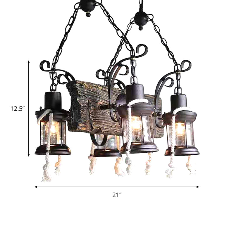 Lantern Clear Glass Chandelier Lamp Industrial 4/6 Heads Restaurant Ceiling Pendant Light in Wood Clearhalo 'Cast Iron' 'Ceiling Lights' 'Chandeliers' 'Industrial Chandeliers' 'Industrial' 'Metal' 'Middle Century Chandeliers' 'Rustic Chandeliers' 'Tiffany' Lighting' 1968916