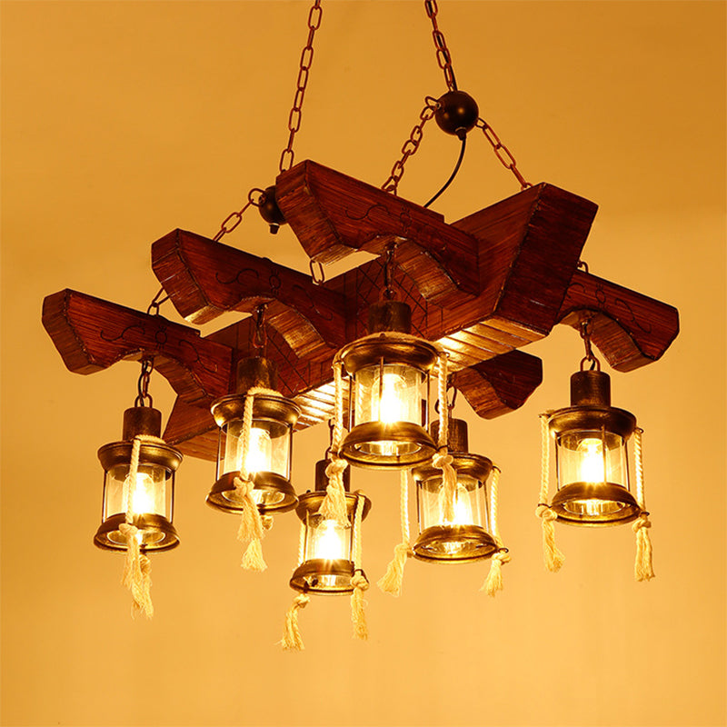 Lantern Clear Glass Chandelier Lamp Industrial 4/6 Heads Restaurant Ceiling Pendant Light in Wood Clearhalo 'Cast Iron' 'Ceiling Lights' 'Chandeliers' 'Industrial Chandeliers' 'Industrial' 'Metal' 'Middle Century Chandeliers' 'Rustic Chandeliers' 'Tiffany' Lighting' 1968919