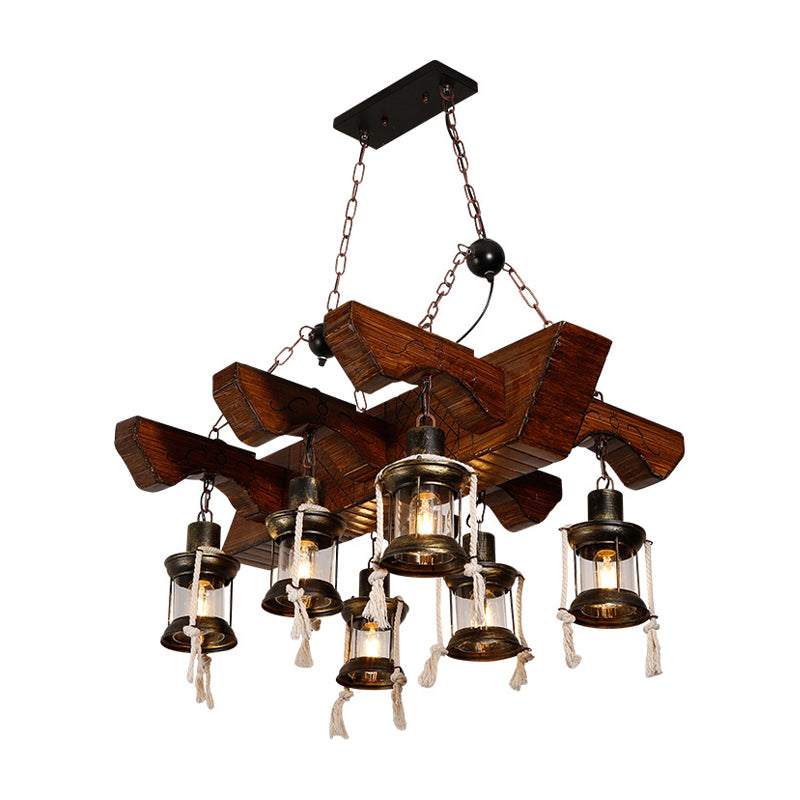 Lantern Clear Glass Chandelier Lamp Industrial 4/6 Heads Restaurant Ceiling Pendant Light in Wood Clearhalo 'Cast Iron' 'Ceiling Lights' 'Chandeliers' 'Industrial Chandeliers' 'Industrial' 'Metal' 'Middle Century Chandeliers' 'Rustic Chandeliers' 'Tiffany' Lighting' 1968920