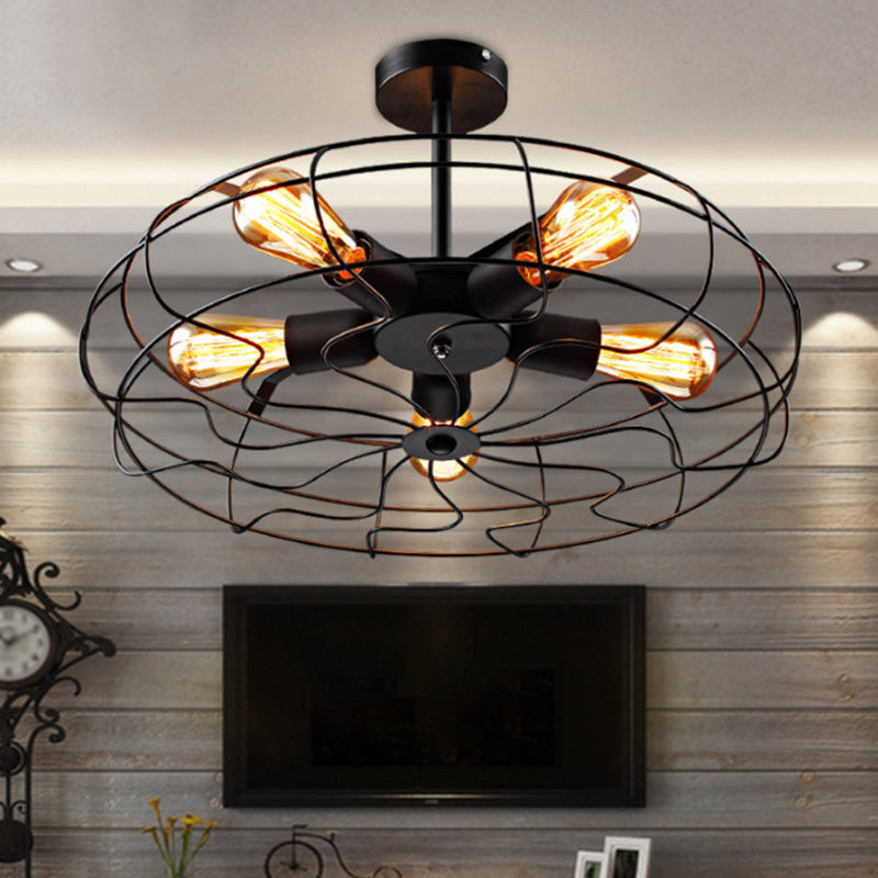 Black Round Cage Ceiling Lamp Industrial Iron 5 Lights Restaurant Semi Flush Light Fixture Black Clearhalo 'Ceiling Lights' 'Close To Ceiling Lights' 'Close to ceiling' 'Semi-flushmount' Lighting' 1968936