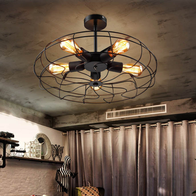 Black Round Cage Ceiling Lamp Industrial Iron 5 Lights Restaurant Semi Flush Light Fixture Clearhalo 'Ceiling Lights' 'Close To Ceiling Lights' 'Close to ceiling' 'Semi-flushmount' Lighting' 1968937