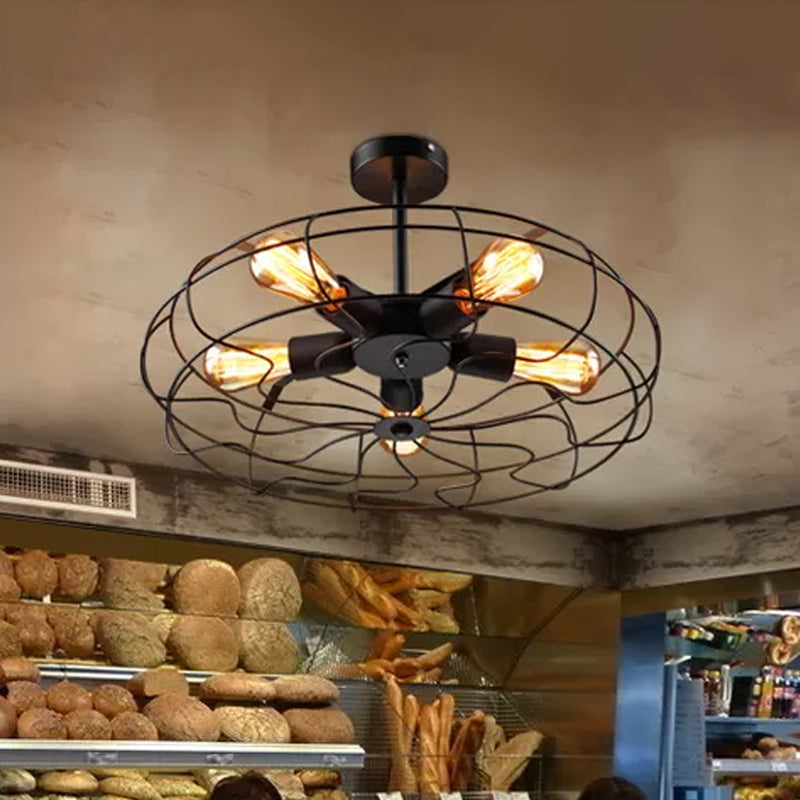 Black Round Cage Ceiling Lamp Industrial Iron 5 Lights Restaurant Semi Flush Light Fixture Clearhalo 'Ceiling Lights' 'Close To Ceiling Lights' 'Close to ceiling' 'Semi-flushmount' Lighting' 1968938