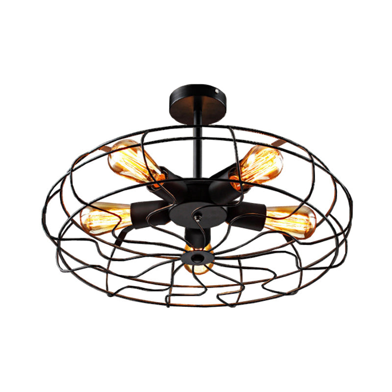 Black Round Cage Ceiling Lamp Industrial Iron 5 Lights Restaurant Semi Flush Light Fixture Clearhalo 'Ceiling Lights' 'Close To Ceiling Lights' 'Close to ceiling' 'Semi-flushmount' Lighting' 1968939