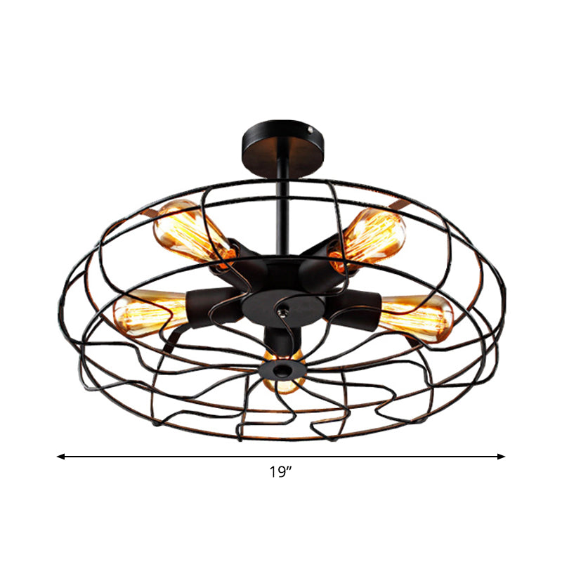 Black Round Cage Ceiling Lamp Industrial Iron 5 Lights Restaurant Semi Flush Light Fixture Clearhalo 'Ceiling Lights' 'Close To Ceiling Lights' 'Close to ceiling' 'Semi-flushmount' Lighting' 1968940