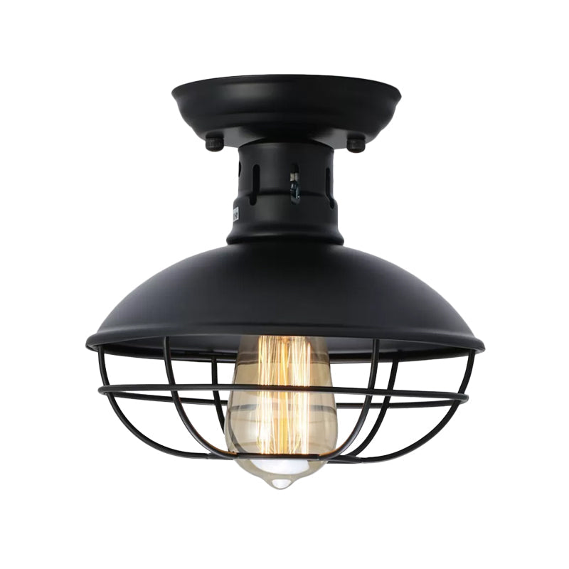 1 Head Metal Semi Flush Ceiling Light Loft Style Black Bowl Bistro Flushmount with Cage Bottom Clearhalo 'Ceiling Lights' 'Close To Ceiling Lights' 'Close to ceiling' 'Semi-flushmount' Lighting' 1968943