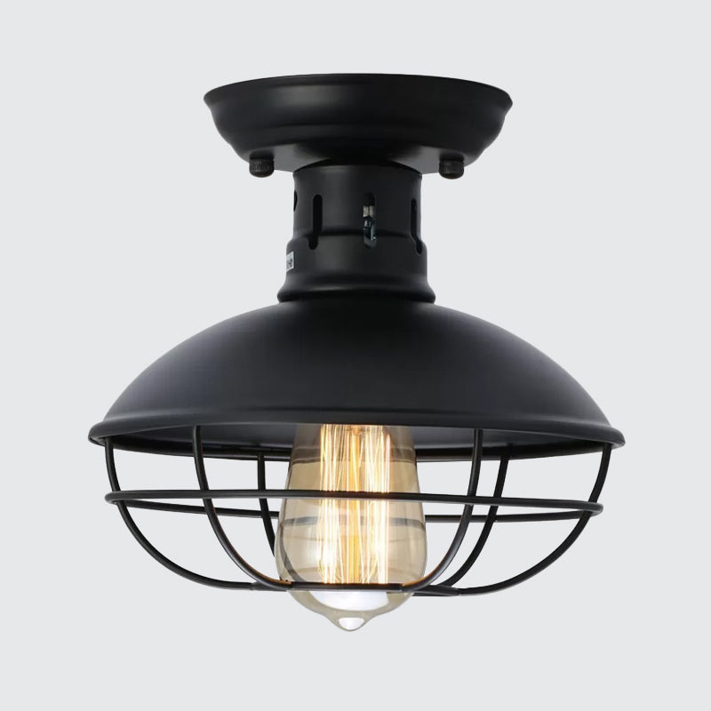 1 Head Metal Semi Flush Ceiling Light Loft Style Black Bowl Bistro Flushmount with Cage Bottom Clearhalo 'Ceiling Lights' 'Close To Ceiling Lights' 'Close to ceiling' 'Semi-flushmount' Lighting' 1968944