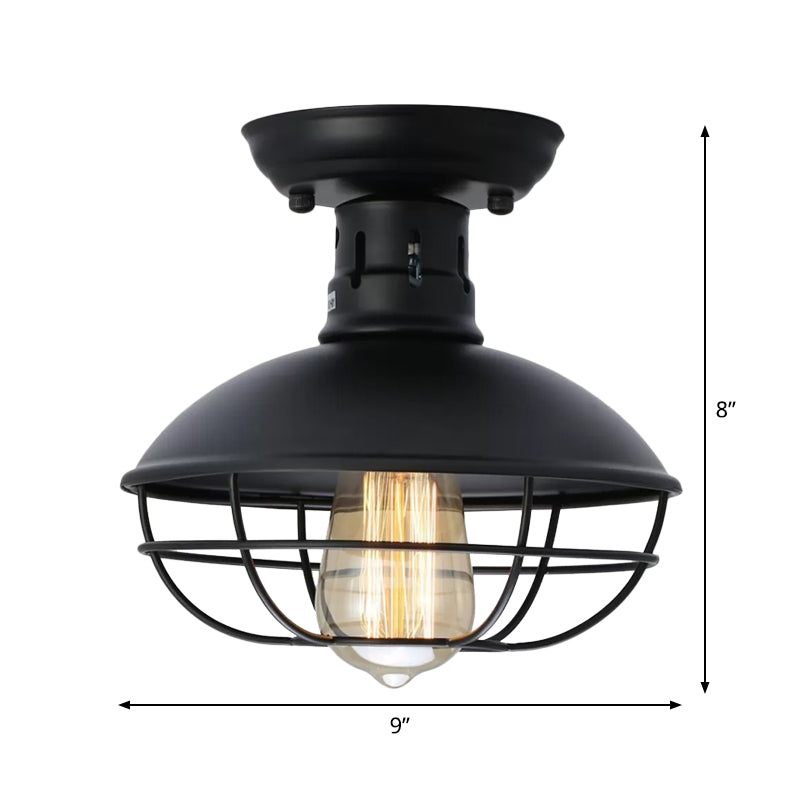 1 Head Metal Semi Flush Ceiling Light Loft Style Black Bowl Bistro Flushmount with Cage Bottom Clearhalo 'Ceiling Lights' 'Close To Ceiling Lights' 'Close to ceiling' 'Semi-flushmount' Lighting' 1968945