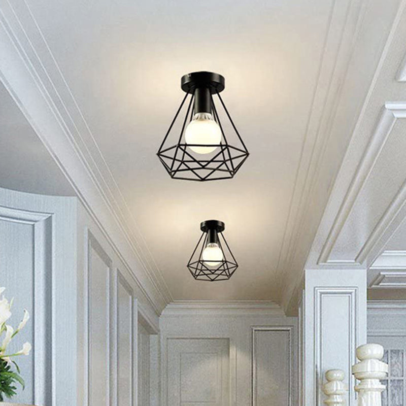 Diamond Iron Semi Mount Lighting Vintage 1-Light Balcony Ceiling Flush Light in Black Clearhalo 'Ceiling Lights' 'Close To Ceiling Lights' 'Close to ceiling' 'Semi-flushmount' Lighting' 1968953