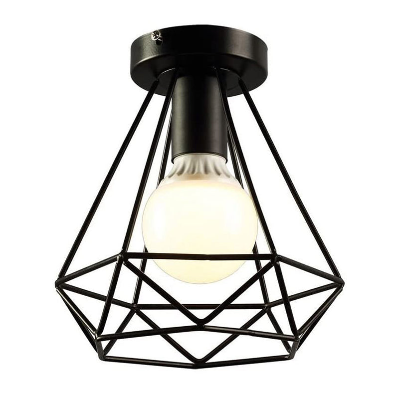 Diamond Iron Semi Mount Lighting Vintage 1-Light Balcony Ceiling Flush Light in Black Clearhalo 'Ceiling Lights' 'Close To Ceiling Lights' 'Close to ceiling' 'Semi-flushmount' Lighting' 1968954