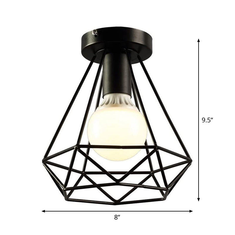 Diamond Iron Semi Mount Lighting Vintage 1-Light Balcony Ceiling Flush Light in Black Clearhalo 'Ceiling Lights' 'Close To Ceiling Lights' 'Close to ceiling' 'Semi-flushmount' Lighting' 1968955