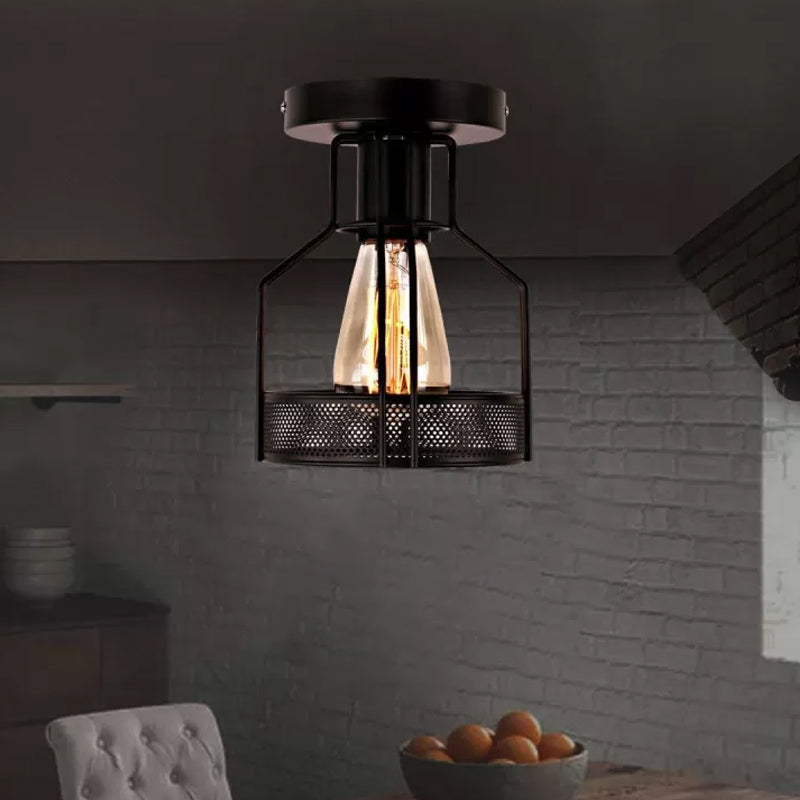 Cage Bistro Semi Flush Mount Lamp Rustic Iron 1 Bulb Black Ceiling Light with Mesh Detail Black Clearhalo 'Ceiling Lights' 'Close To Ceiling Lights' 'Close to ceiling' 'Semi-flushmount' Lighting' 1968956