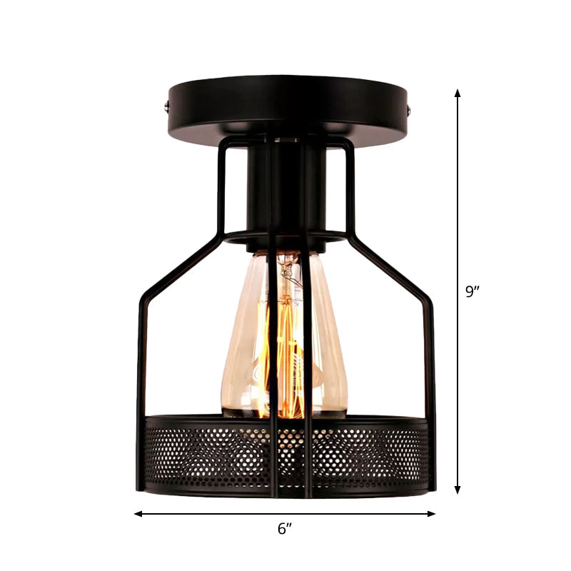 Cage Bistro Semi Flush Mount Lamp Rustic Iron 1 Bulb Black Ceiling Light with Mesh Detail Clearhalo 'Ceiling Lights' 'Close To Ceiling Lights' 'Close to ceiling' 'Semi-flushmount' Lighting' 1968959