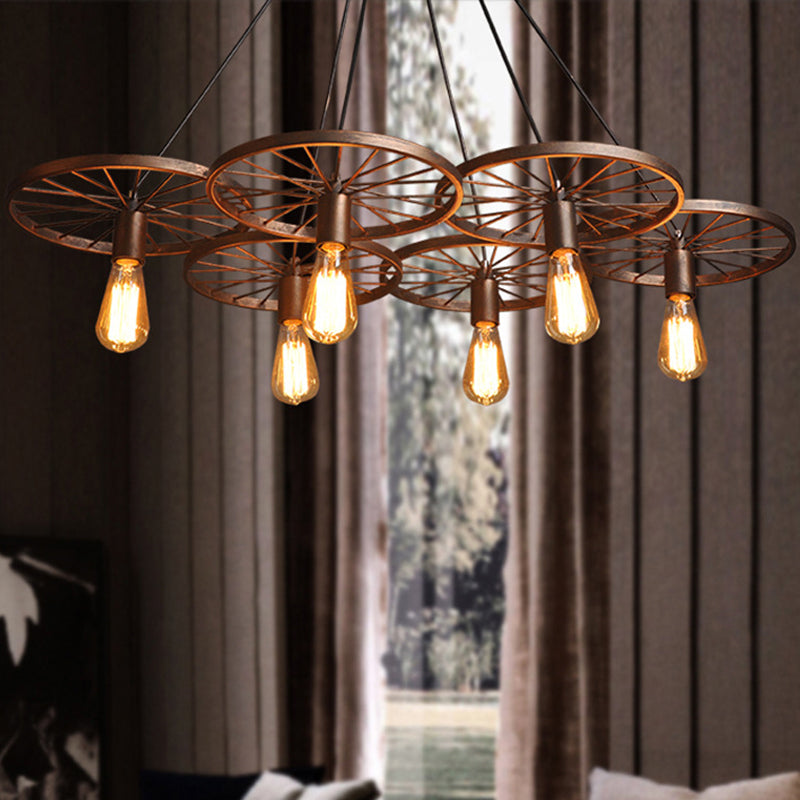 Rust Wheel Chandelier Lamp Industrial Wrought Iron 3/6-Head Dining Room Suspension Pendant Clearhalo 'Cast Iron' 'Ceiling Lights' 'Chandeliers' 'Industrial Chandeliers' 'Industrial' 'Metal' 'Middle Century Chandeliers' 'Rustic Chandeliers' 'Tiffany' Lighting' 1968961