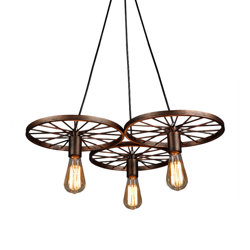 Rust Wheel Chandelier Lamp Industrial Wrought Iron 3/6-Head Dining Room Suspension Pendant Clearhalo 'Cast Iron' 'Ceiling Lights' 'Chandeliers' 'Industrial Chandeliers' 'Industrial' 'Metal' 'Middle Century Chandeliers' 'Rustic Chandeliers' 'Tiffany' Lighting' 1968966