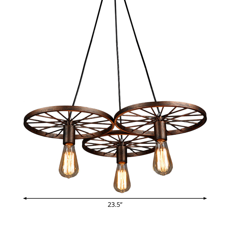 Rust Wheel Chandelier Lamp Industrial Wrought Iron 3/6-Head Dining Room Suspension Pendant Clearhalo 'Cast Iron' 'Ceiling Lights' 'Chandeliers' 'Industrial Chandeliers' 'Industrial' 'Metal' 'Middle Century Chandeliers' 'Rustic Chandeliers' 'Tiffany' Lighting' 1968968