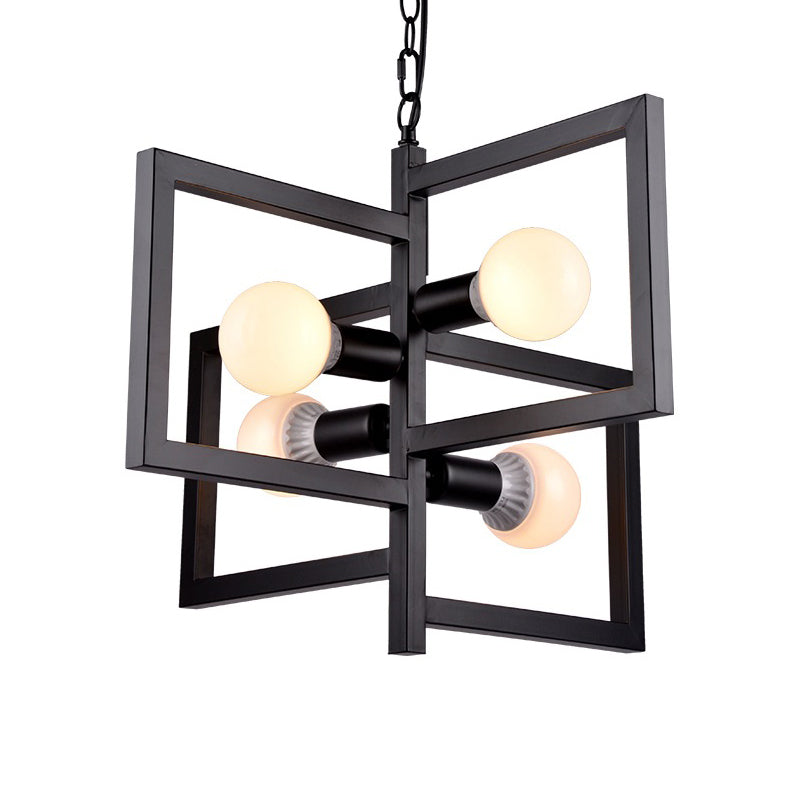 Square Living Room Pendant Chandelier Industrial Iron 4 Lights Black Hanging Light Fixture Clearhalo 'Cast Iron' 'Ceiling Lights' 'Chandeliers' 'Industrial Chandeliers' 'Industrial' 'Metal' 'Middle Century Chandeliers' 'Rustic Chandeliers' 'Tiffany' Lighting' 1968987