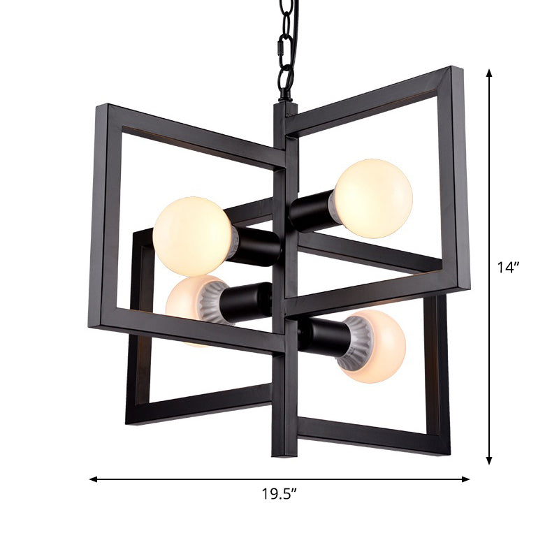 Square Living Room Pendant Chandelier Industrial Iron 4 Lights Black Hanging Light Fixture Clearhalo 'Cast Iron' 'Ceiling Lights' 'Chandeliers' 'Industrial Chandeliers' 'Industrial' 'Metal' 'Middle Century Chandeliers' 'Rustic Chandeliers' 'Tiffany' Lighting' 1968988