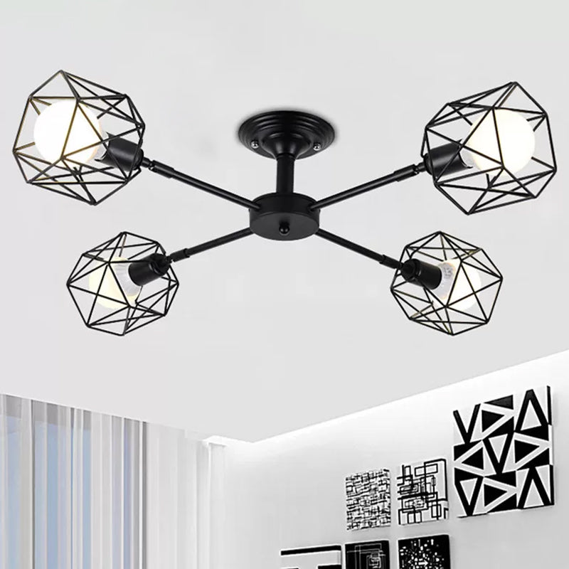 Iron Wire Cage Rotating Ceiling Chandelier Warehouse 4/6/8-Light Bedroom Pendant Lamp in Black 4 Black Clearhalo 'Cast Iron' 'Ceiling Lights' 'Chandeliers' 'Industrial Chandeliers' 'Industrial' 'Metal' 'Middle Century Chandeliers' 'Rustic Chandeliers' 'Tiffany' Lighting' 1968996