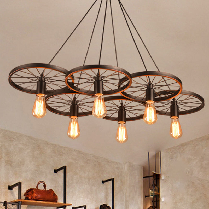 Black Wheel Chandelier Lamp Rustic Iron 3/6 Bulbs Living Room Hanging Ceiling Light 6 Black Clearhalo 'Cast Iron' 'Ceiling Lights' 'Chandeliers' 'Industrial Chandeliers' 'Industrial' 'Metal' 'Middle Century Chandeliers' 'Rustic Chandeliers' 'Tiffany' Lighting' 1969030