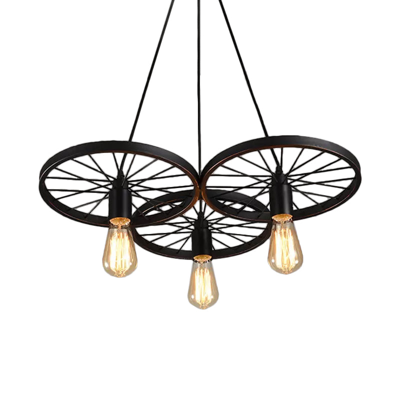 Black Wheel Chandelier Lamp Rustic Iron 3/6 Bulbs Living Room Hanging Ceiling Light 3 Black Clearhalo 'Cast Iron' 'Ceiling Lights' 'Chandeliers' 'Industrial Chandeliers' 'Industrial' 'Metal' 'Middle Century Chandeliers' 'Rustic Chandeliers' 'Tiffany' Lighting' 1969035