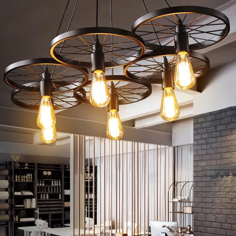 3/6 Lights Iron Hanging Chandelier Farmhouse Black Wheel Bistro Ceiling Pendant Lamp 6 Black Clearhalo 'Cast Iron' 'Ceiling Lights' 'Chandeliers' 'Industrial Chandeliers' 'Industrial' 'Metal' 'Middle Century Chandeliers' 'Rustic Chandeliers' 'Tiffany' Lighting' 1969044