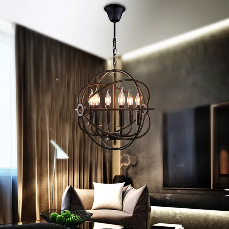 6 Bulbs Spherical Hanging Light Warehouse Black Iron Chandelier Pendant for Restaurant Black Clearhalo 'Cast Iron' 'Ceiling Lights' 'Chandeliers' 'Industrial Chandeliers' 'Industrial' 'Metal' 'Middle Century Chandeliers' 'Rustic Chandeliers' 'Tiffany' Lighting' 1969056