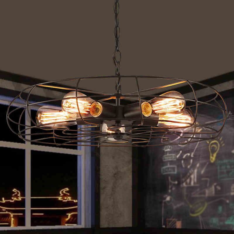 Round Caged Restaurant Ceiling Pendant Industrial Iron 5-Bulb 19